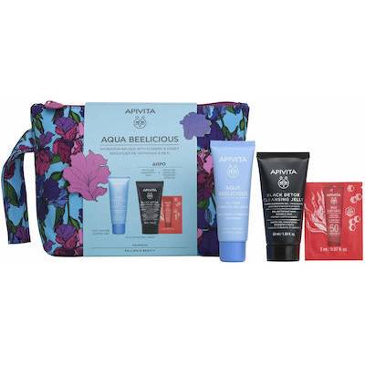 Промо сет крем-гел + почистващ гел + слънцезащитен, Apivita Women' s Moisturizing & Face Cleansing Cosmetic Set Suitable for All Skin Types with Face Cleanser / Face Cream / Toiletry Bag 90ml