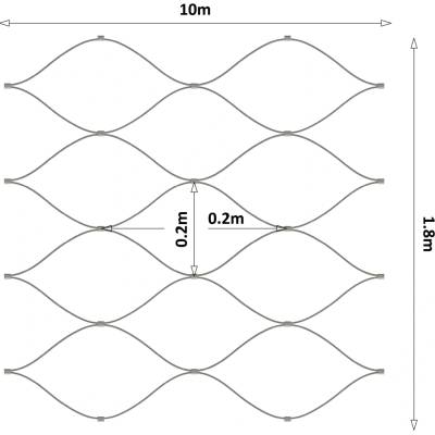 Lanová sieť, 1,8 x 10 m, oko 200 x 200 mm, ø 2 mm, AISI 316