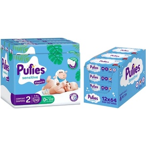 pufies Бебешки пелени Pufies Sensitive - Размер 2, 4-8 kg, 210 броя + мокри кърпи Pufies Clean Care, 12 х 64 броя (3800024036217+13800024027540) - ozone