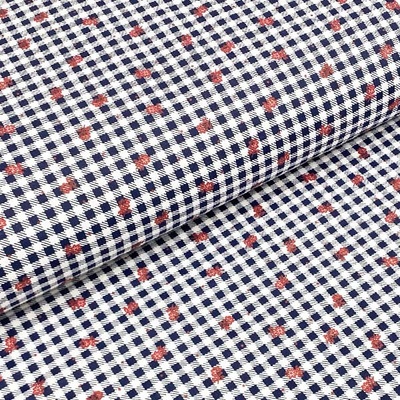 Bavlněné plátno P0485 modro-bílé káro, červené tečky a kytky, š.140