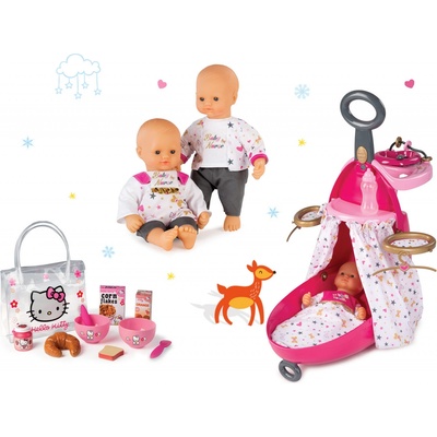 Smoby Prebaľovací vozík pre bábiku Baby Nurse s postieľkou+bábika+raňajkový set Hello Kitty v taštičke 220316-6