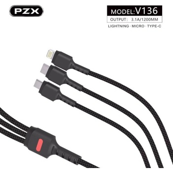 Image 1 of PZX Кабел PZX V136, от USB Type A/C/Lightning(м) към USB Type A/C/Lightning(м), 1.2m, черен (V136)