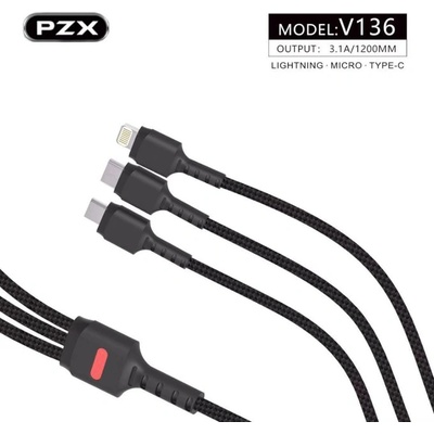 PZX Кабел PZX V136, от USB Type A/C/Lightning(м) към USB Type A/C/Lightning(м), 1.2m, черен (V136)