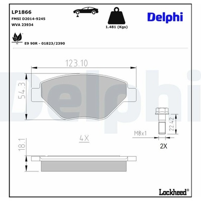 DELPHI Sada brzdových platničiek kotúčovej brzdy LP1866