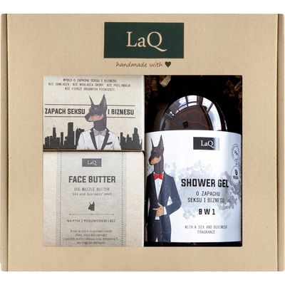 LaQ Doberman osviežujúci sprchový gél 8 v 1 500 ml + hĺbkovo vyživujúce maslo na tvár 50 ml + tuhé mydlo 85 g darčeková sada