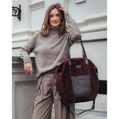 Mazzini Tmavohnedá semišová kožená shopper taška s vreckami It bag MARCO
