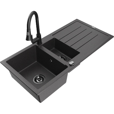 Mexen Andres гранитна мивка 1, 5-камерна с отцедник и кухненски смесител Elia, черна на пръски - 6515-76-670101-70-B (6515-76-670101-70-B)