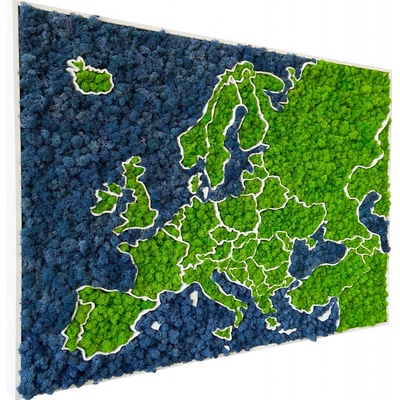 Machová 3D mapa Európy - severský lišajník Modrá & Zelená, 90 x 70 cm, Biele drevo