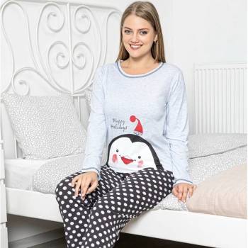 Image 1 of Коледна пижама в светлосиньо и черно с пингвинче