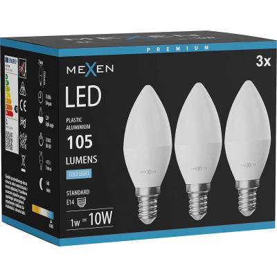 Mexen Nova 3x LED крушка E14, C37, 1W, Студена - 6500K, 105 lm - L102-E14-0165-01x03 (L102-E14-0165-01x03)