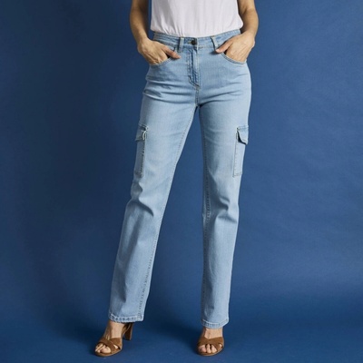 Cargo rovné strečové džínsy zapratá modrá