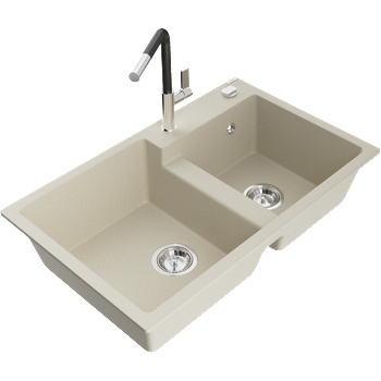 Mexen Tomas двоен гранитен кухненски мивка с батерия Flora, бежов - 6516-69-670401-07 (6516-69-670401-07)