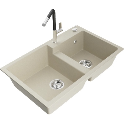 Mexen Tomas двоен гранитен кухненски мивка с батерия Flora, бежов - 6516-69-670401-07 (6516-69-670401-07)