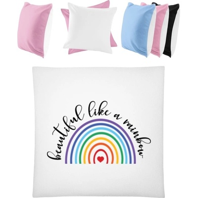 Darčeky PrintEQ Štvorcový Farebný Vankúš Dúha s nápisom Beautiful like a rainbow Biela Anitcká Ružová 40x40