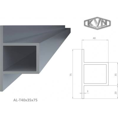 T profil dutý 40x35x75x6000 mm, materiál EN AW-6060 T66, přírodní hliník bez povrchové úpravy, cena za KUS