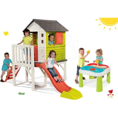 Smoby Set detský domček na pilieroch Pilings House s 1,5 m šmykľavkou+stôl Voda&Piesok s dvojitým krytom a loďkou SM810800-25