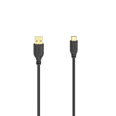 Кабел Hama Flexi-Slim USB-C - USB-A 2.0 мъжко, 0.75м, тънък, позлатен, черен (HAMA-200634)