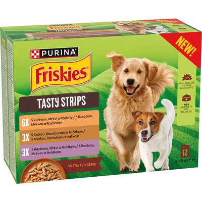 Friskies Tasty Strips Dog kura morka kačica so zeleninou v šťave 12 x 85 g