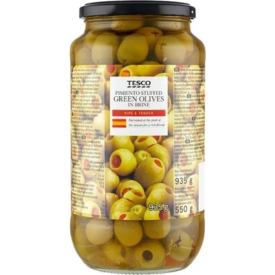 Tesco Zelené olivy plnené paprikovou pastou v slanom náleve 935 g