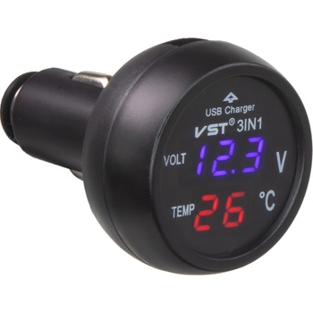 Digitální voltmetr s teploměrem + USB nabíječka do CL zásuvky, 12-24V