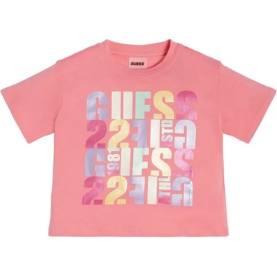 GUESS Розова тениска с къс ръкав с многоцветни надписи за момиче Guess
