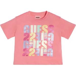 GUESS Розова тениска с къс ръкав с многоцветни надписи за момиче Guess