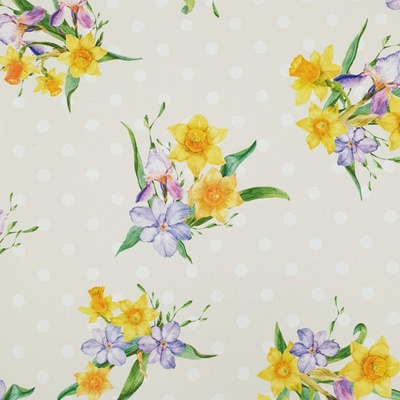 Dekoračná látka svetlo béžová, biele bodky, jarné kvety, š.150