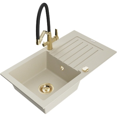 Mexen Pablo гранитна кухненска мивка с 1 корито с отцедник и смесител Duo, бежов - 6510-69-671701-57-G (6510-69-671701-57-G)