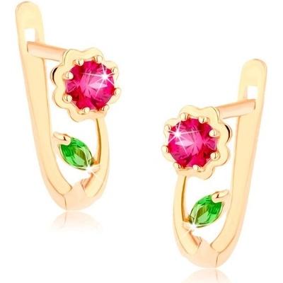 Šperky Eshop - Zlaté 14K náušnice květ s růžovým a zeleným zirkonem GG94.19