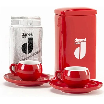 Danesi Duo Plus комплект червен - Касета за тъмно кафе 250 г + 2 чаши и 2 чинийки - червен