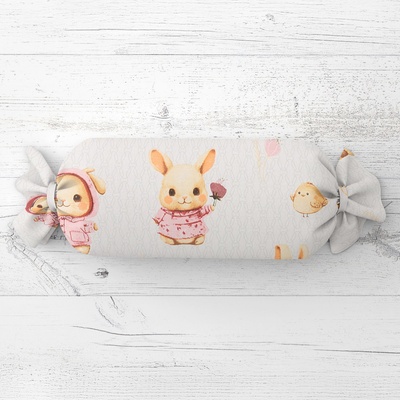Biante Detský vankúš valec bonbon Sandra SA-538 Ružové zajačiky a vtáčiky na bielom 15x40