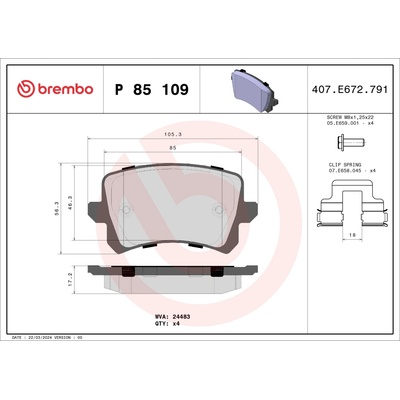 Sada brzdových platničiek, vždy 4 kusy v sade BREMBO P 85 109 (P85109)