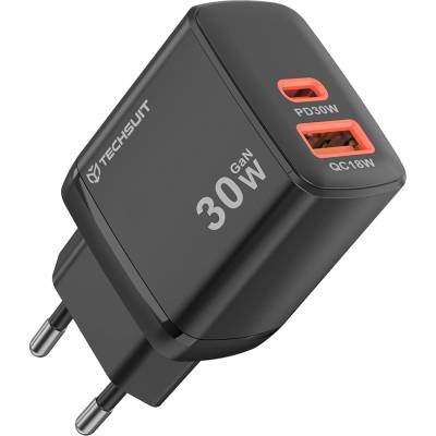 Techsuit - Зарядно за стена Duonix30W (CH1) - Type-C, USB, Двойно зарядно за пътуване 30W - Черно