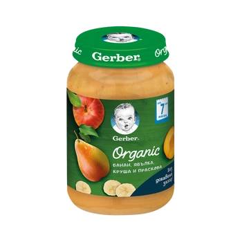 Gerber Organic Био бебешко пюре с банан, ябълка, круша и праскова 190г