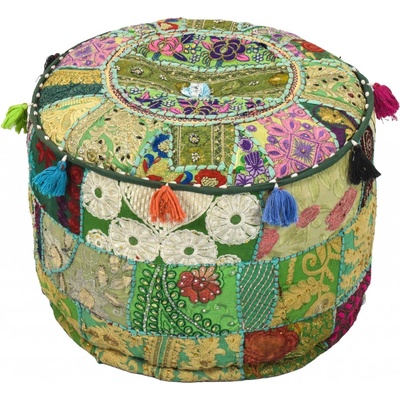 Sanu Babu Taburet z Rajasthanu s bohatou Ari výšivkou, průměr 47cm výška 35cm patchwork (DB)