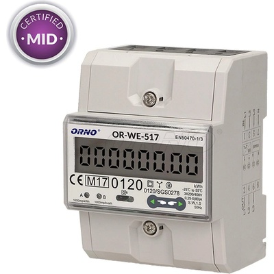 Orno Трифазен електромер мултитарифен с RS485 порт и MID сертификат ORNO OR-WE-517 - 80A, 3x230V/400 AC, 50-60Hz (OR-WE-517)