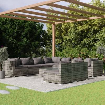 vidaXL Градински комплект с възглавници, 10 части, сив, полиратан (3102429)