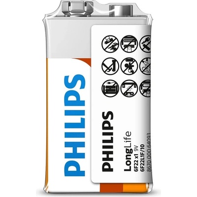 Philips Батерия цинкова Philips Long Life 6F22, 9V, Фолио, 1 бр (6F22L1F/10)