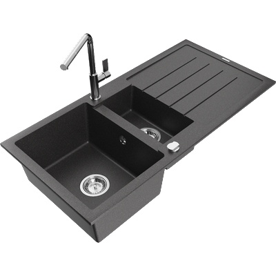 Mexen Andres гранитна мивка 1, 5-коморен с отцедник и кухненски смесител Flora, черен с петънца - 6515-76-670401-00 (6515-76-670401-00)