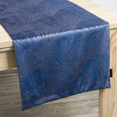 Takoy Běhoun na stůl tmavomodrý 40x140 cm sametový GOJA s lesklým potiskem ve tvaru listů ginkgo PIERRE CARDIN-HF-383860 | 40 x 140 cm