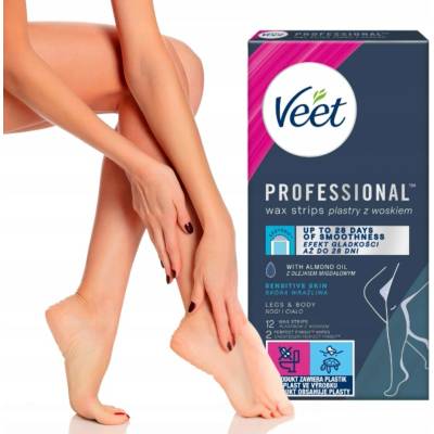 Veet Wax Strips voskové depilační pásky pro citlivou pokožku Almond Oil & Vitamin E 12 ks