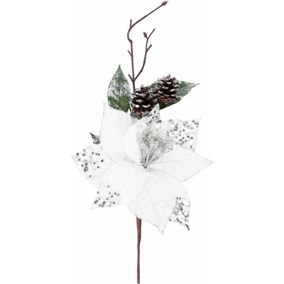 Vetvička MagicHome Vianoce, s kvetom poinsettia, biela, 34 cm