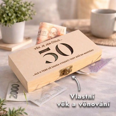 Dřevia Krabička na peníze – Věk s vlastním textem