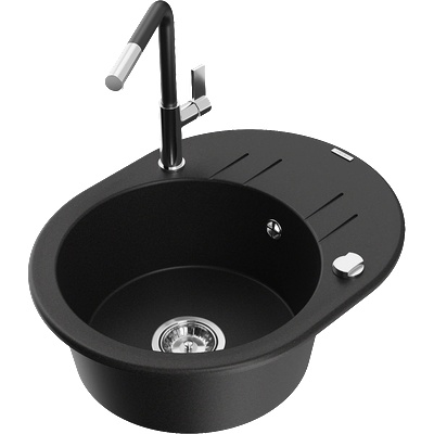 Mexen Kevin гранитна мивка с 1 отделение с отцедник и кухненски смесител Flora, черен - 6517-77-670401-07 (6517-77-670401-07)