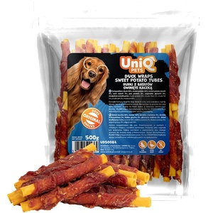 Uniq Pets Dog Snacks Duo Duck Wraps Sweet Potato Tubes лакомства за кучета с патешко и сладък картоф, 500 г