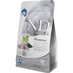 Farmina N&D DOG GRAIN FREE Spirulina White Dog Sea Bass & Fennel Puppy Mini - пълноценна суха храна без зърнени култури за подрастващи кученца с бяла козина от мини породи породи, с лаврак, спирулина и фенел 