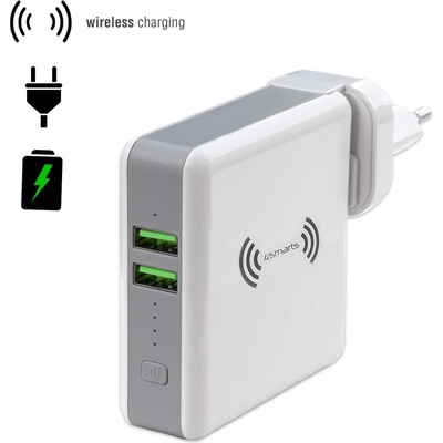 4smarts 3in1 Charger HyperVolt with Wireless Power Bank - захранване за ел. мрежа с два USB изхода, външна батерия и безжично зареждане (бял)