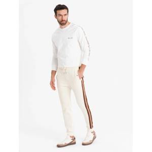 Ombre Clothing Мъжки спортни панталони с кантове и ребрести крачоли - кремави Ombre Clothing | Byal | МЪЖЕ | 30/32