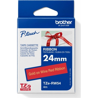 BROTHER TZE-RW54 - kazeta TZ šířky 24mm, TEXTILNÍ páska 4m- pro tvorbu dárků - NELEPÍCÍ -ČERVENÁ PÁSKA ZLATÝ POTISK gold