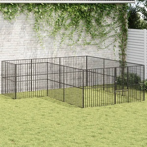 vidaXL Кошара за кучета с 12 панела, черна, поцинкована стомана (3209558)